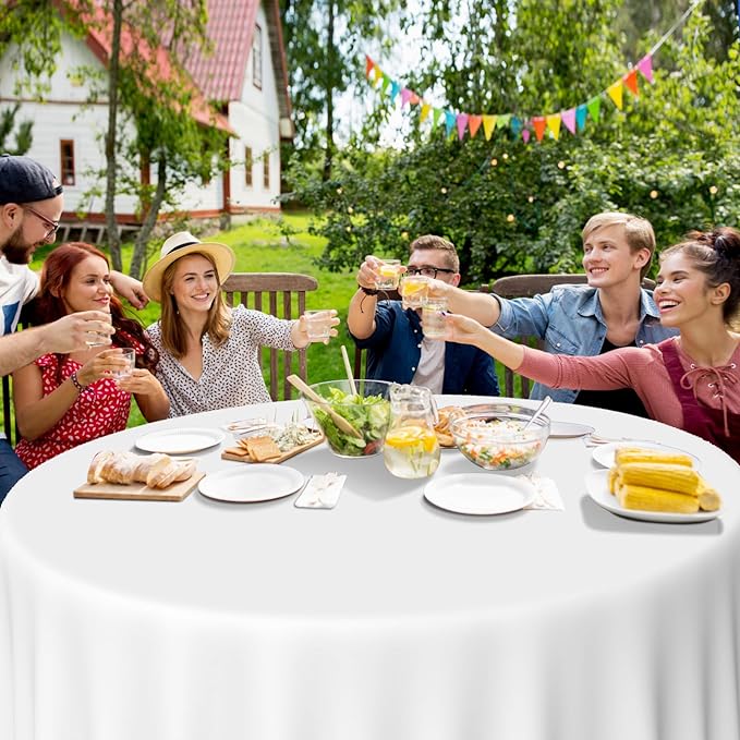 MASHAN 12 Pcs Blue Black White Plastic Tablecloths Bulk,84 Inch Disposable Round Party Table Cloth Waterproof Table Cover for Birthday Wedding Anniversary Graduation Party Decorations Supplies
