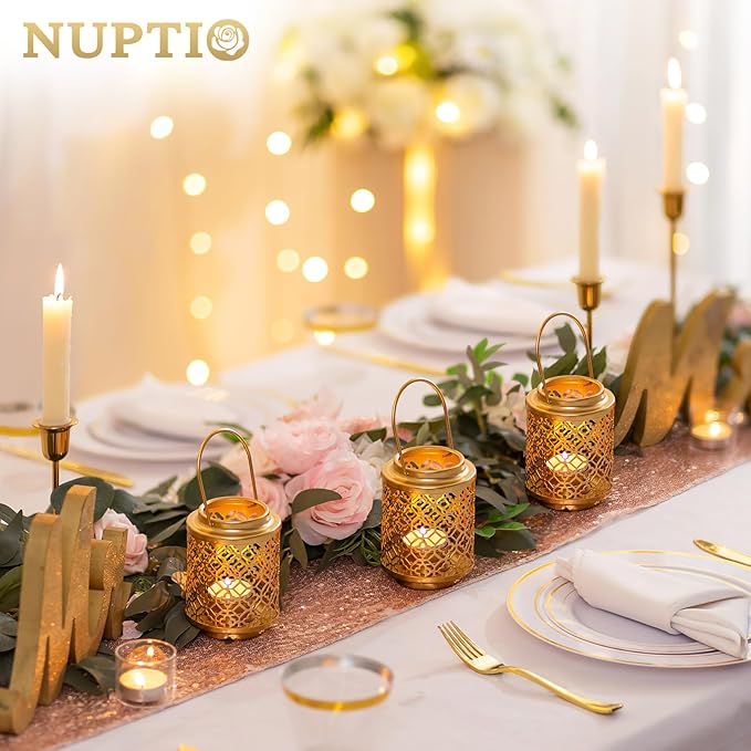 NUPTIO Decorative Candle Lanterns Gold: 2 Pcs Hanging Metal Tea Light Candles Holder 4.1inch Small Vintage Tealight Lantern Centerpiece for Christmas Wedding Party Table Decorations (Style 1)