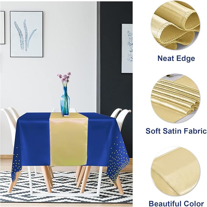 12Pack Disposable Plastic Tablecloths and Satin Table Runner Set Blue and Gold Dot Tablecloth Gold Satin Table Runner for Wedding Birthday Baby Shower Anniversary Christmas New Year Party Decorations