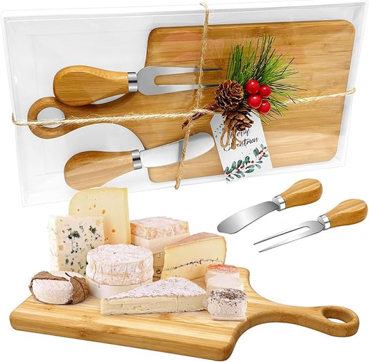 1 Set Christmas Gifts Bridal Shower Favor Bamboo Wooden Square Cheese Board Gift Set Cheese Knives Mini Cutting Board Bulk Set Tags and Boxes Christmas Party Birthday