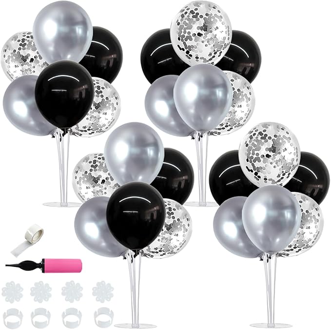 TONIFUL 4 Set Black and Silver Balloons Stand Centerpiece Table Decorations for Birthday, Baby Shower, Wedding, Halloween and Anniversary Party Decorations Graduations