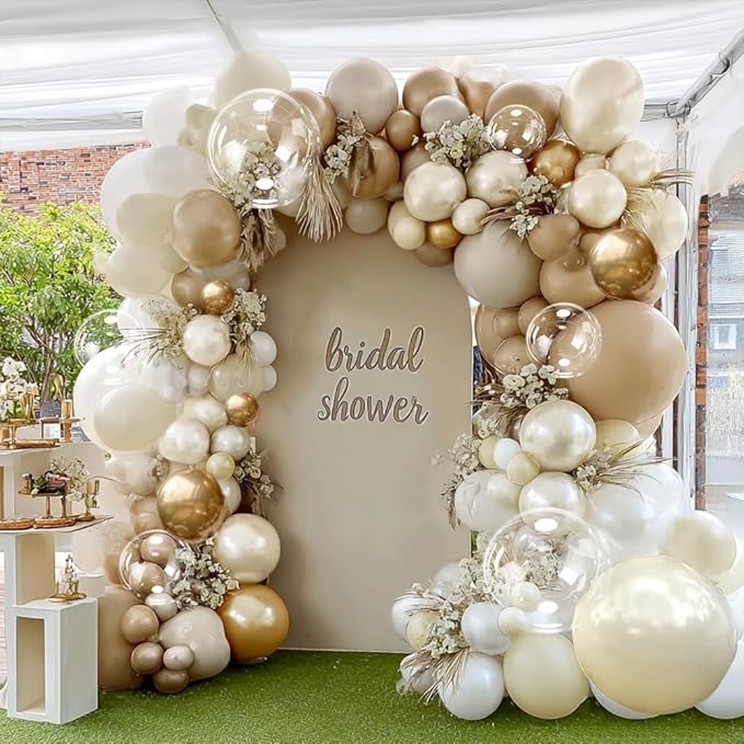 White Sand Gold Balloon Garland, Double Stuffed Pearl White Gold Cream Beige Balloons Clear Bobo Latex Balloons Arch Kit for Wedding Bridal Shower Birthday Boho Neutral Baby Shower Party Decorations