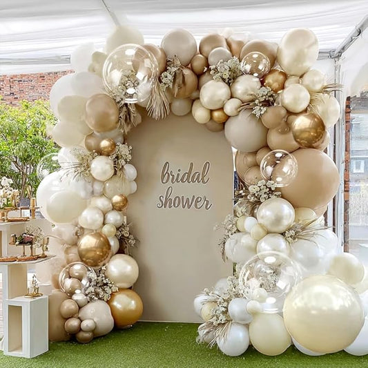 White Sand Gold Balloon Garland, Double Stuffed Pearl White Gold Cream Beige Balloons Clear Bobo Latex Balloons Arch Kit for Wedding Bridal Shower Birthday Boho Neutral Baby Shower Party Decorations