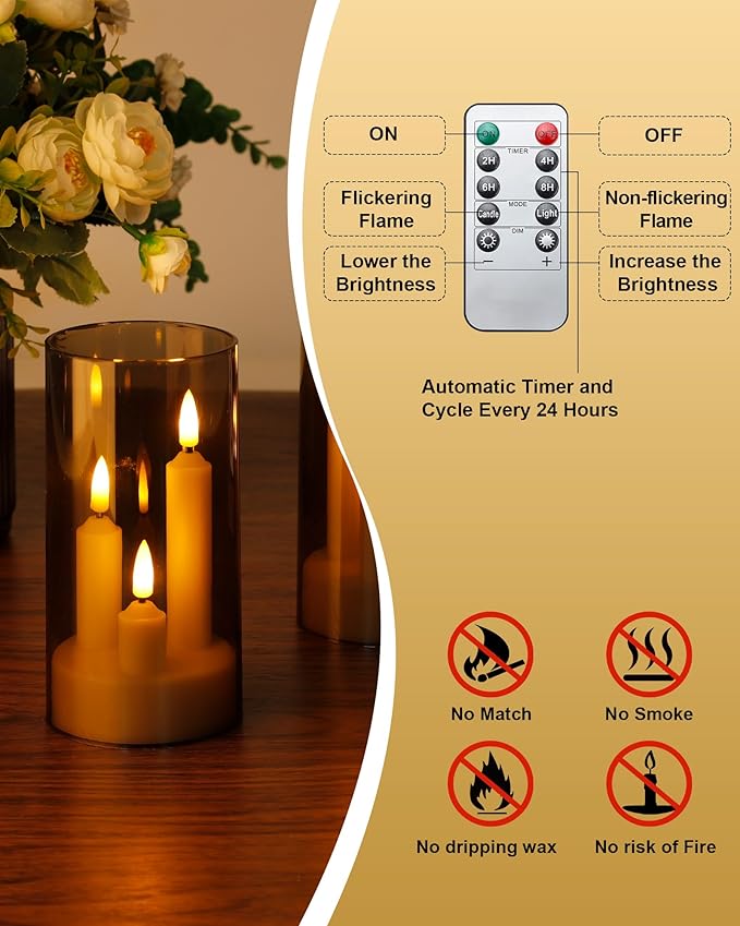 Enido 2 Pc Flameless LED 3-in-1 Taper Candles with Remote & Timer, Battery Operated Acrylic Pillar Set, 3" x 6" Flickering Electric Lights for Cozy Home & Holiday Romantic Decor (Gray)