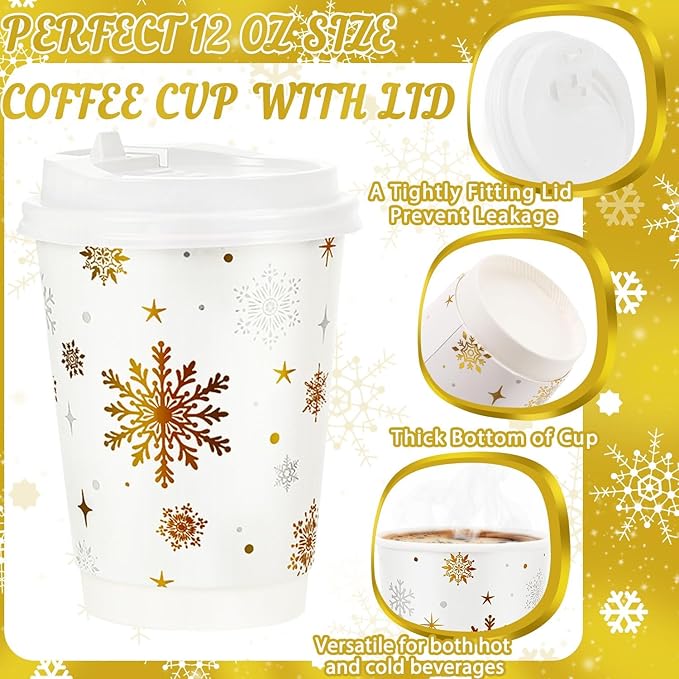 60 Pcs Christmas Coffee Cups with Lids 12oz Gold Foil Snowflake Paper Cups Insulated Cups for Xmas Hot Cocoa Beverage Winter Party Supplies Hot Chocolate Coffee Water Tea Xmas Holiday Supplie