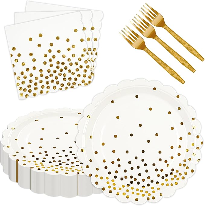 90PCS White and Gold Paper Plates Napkins Party Supplies,7Inch Scalloped Gold Dot Paper Dessert Plates and Napkins Set Disposable Birthday Cake Plate Tableware Party Supplies for Wedding