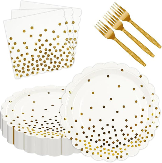 90PCS White and Gold Paper Plates Napkins Party Supplies,7Inch Scalloped Gold Dot Paper Dessert Plates and Napkins Set Disposable Birthday Cake Plate Tableware Party Supplies for Wedding