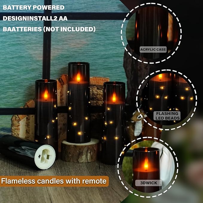 Flickering Flameless LED Candles, 9 Pcs with Embedded Star String, Acrylic LED Pillar Candles with Remote, Suitable for Home Decoration (Black)