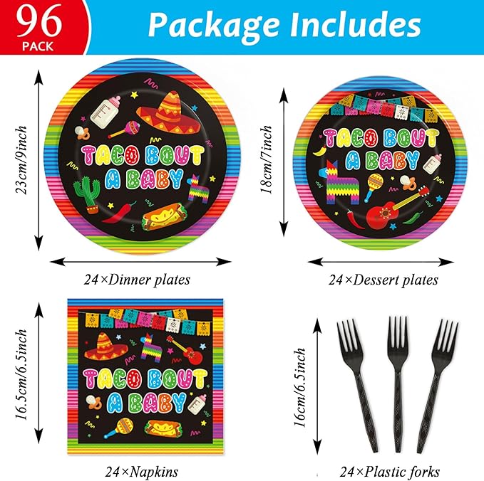 96 Pieces Taco Bout A Baby Party Plates Mexico Fiesta Theme Party Decorations Taco Llama Cactus Avocado Paper Plates and Napkins Mexican Disposable Dessert Tableware Set Mexico Supplies 24 Guests