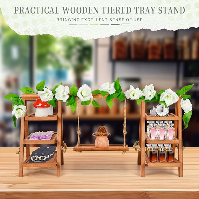 Cupcake Stand, 3 Tier Wood Cupcake Display Stand with Swing, Dessert Table Display Set with Serving Tray for Dessert Display for Party, Wedding, Farmhouse Decor (Brown+Flower)