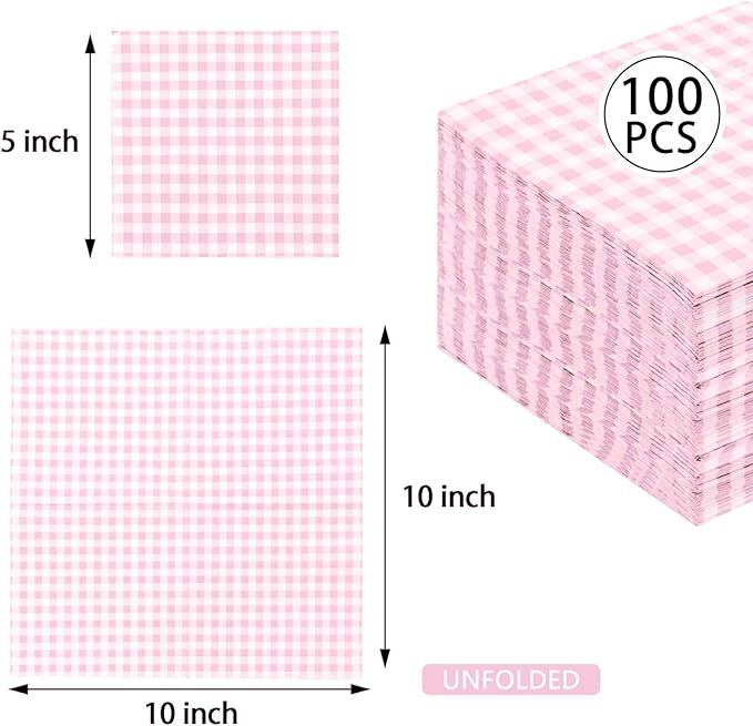 FLOWERCAT 100-Count 2-Ply Pink Checkered Cocktail Napkins Checkered - Pink Cocktail Napkins Disposable Premium Quality- 5“ x 5" Paper Napkins for Easter Party,Bar,Birthday,Mother's Day