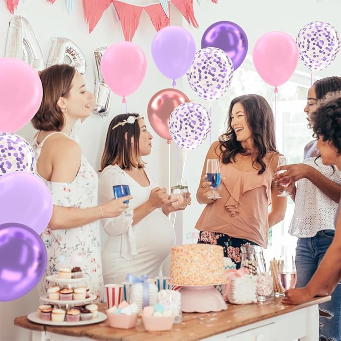 Patimate Purple and Pink Balloons Set, 50 pcs 12 inch Metallic Rose Gold Purple Pastel Pink Purple Confetti Latex Balloons Kit for Girl Birthday Baby Shower Wedding Party Decorations
