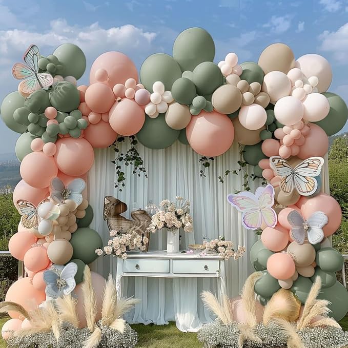 Dusty Green Pink Balloon Garland Double Stuffed Blush Pink Cream Retro Green Peach Sand White Balloon Arch Kit for Baby Bridal Shower Wedding Birthday Spring Party Decoration