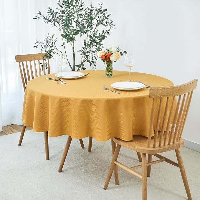 maxmill Round Weaved Texture Design Tablecloth Spill-Proof Wrinkle Free Soft Washable Table Cloth for Circular Table Cover, for Dining Room Banquet Parties Holiday Dinner, 90 Inch Ochre Yellow