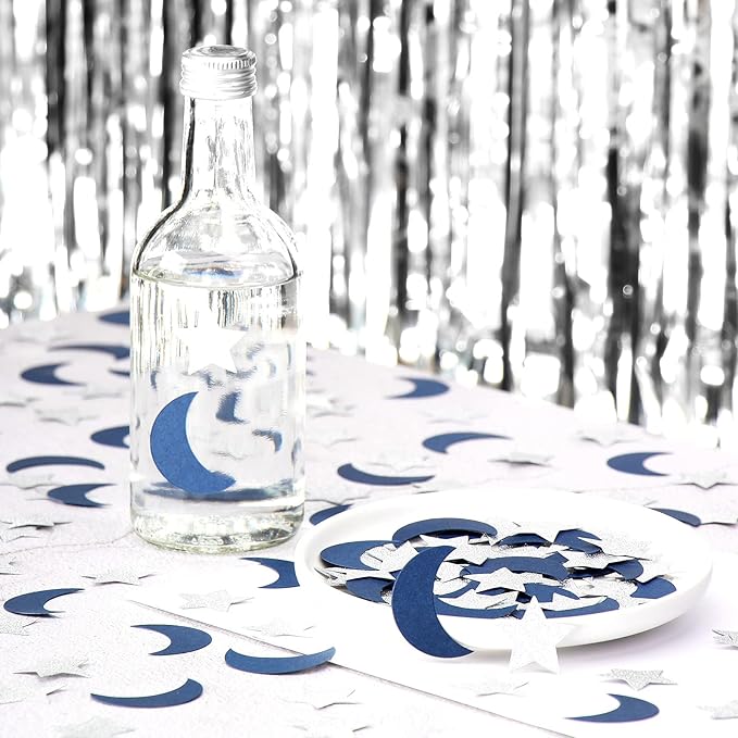Navy-Blue Moon Silver Star Confetti - 300pcs Glitter twinkle little star Table Confetti,Ramadan Mubarak Decor Birthday Wedding Baby Shower Party Decorations Lasting Surprise