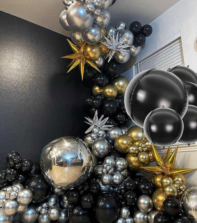 14pcs Black Foil Balloons Mylar Balloons 22in 15in 10in Black Different Sizes Large Metallic Chrome Balloons Decor| 360 Degree 4d Round Helium Large Balloon