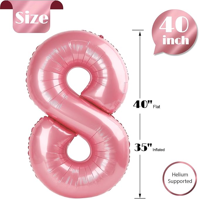 Pearlescent Pink Number 8 Balloon 40 Inch, 8th Birthday Party Decorations for Children, Giant 8 Foil Balloon for Party Supplies