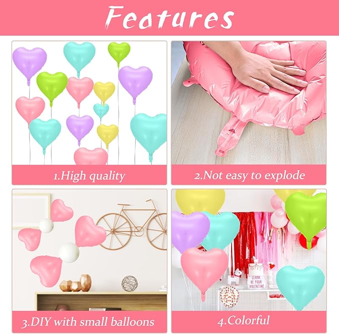 Biapian Pastel Heart Balloons, 10 Pcs Macaron Heart Shape - 18inch Pastel Pink Purple Green Teal Yellow Foil Valentines Balloons for Kids Candy Birthday Wedding Baby Shower Decoration