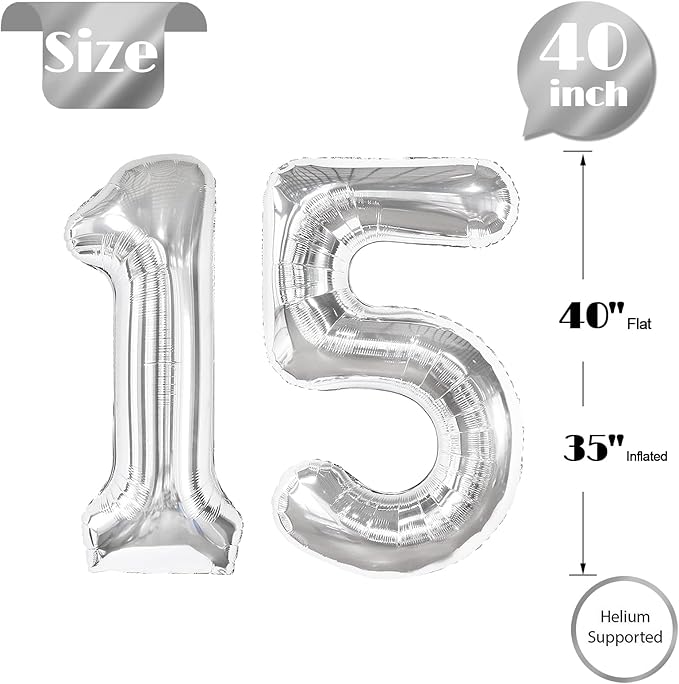 Silver Number 15 Balloon 40 Inch, 15th Birthday Party Decorations for Children, Giant 15 Foil Balloon for Party Supplies