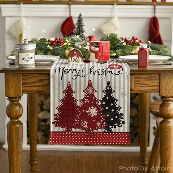 Artoid Mode Xmas Trees Snowflakes Stripes Merry Christmas Table Runner, Seasonal Winter Holiday Kitchen Dining Table Decoration for Home Party Decor 13x90 Inch