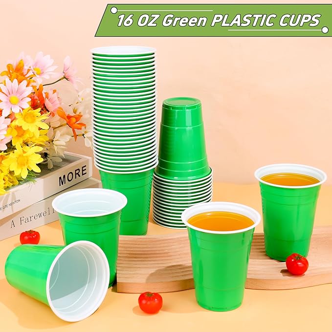 Dualshine 100 Pack Green Plastic Cups 16 oz,Disposable Cups for Party,Heavy Duty Drinking Cups, Graduation Shot Cup for Wedding Birthday Beer Taste Serving Snack Sample Tastings Barbecues Picnic