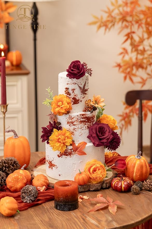 TINGE TIME Silk Fake Flowers Combo, Fake Foam Dahlia with Stems for DIY Wedding Bouquets Centerpieces Baby Shower Party Home Decorations(Burgundy & Burnt Orange)