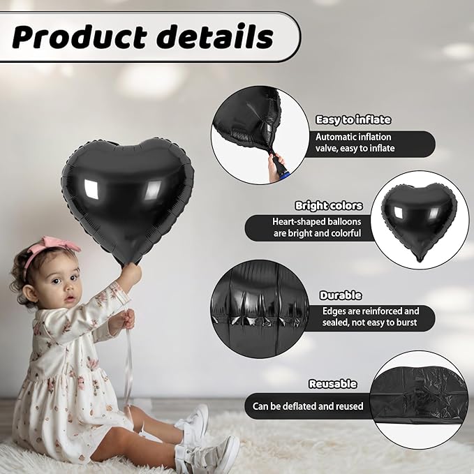 Black Heart Balloons, Heart Shaped Ballons, 20 Pcs 5/10/18 inch Different Sizes Black Foil Love Balloons for Valentine's Day Decorations Wedding Engagement Bridal Showers Anniversary Celebrations