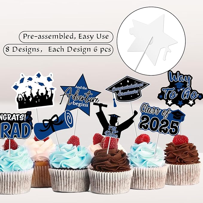 PartyGarden 2025 Graduation Cupcake Toppers - 48 Blue Pcs - 8 Designs - Class of 2025 Graduation Decorations