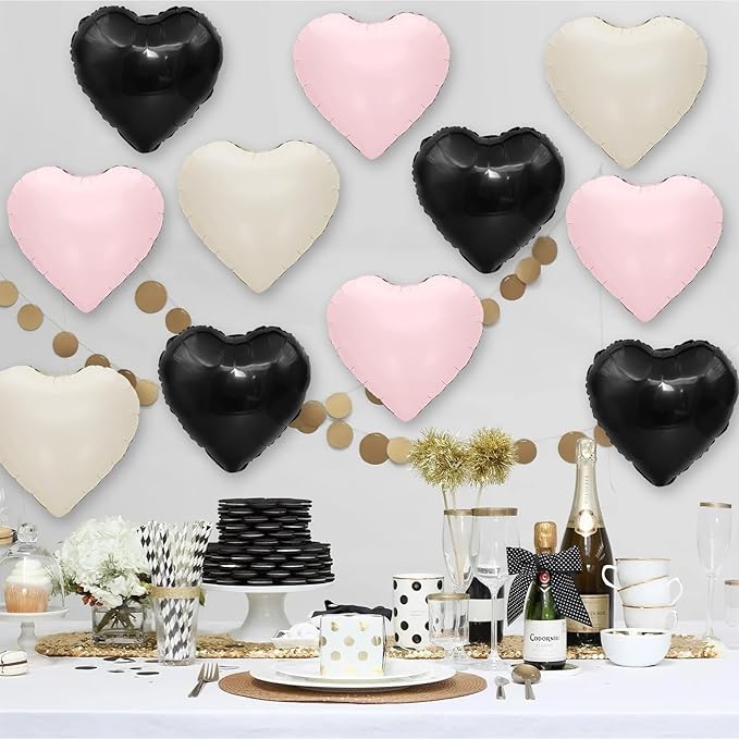 Black Pink White Heart Balloons,12Pcs 18Inch Black Cream White Baby Pink Heart Shaped Foil Helium Polyester Film Balloons for Baby Shower Birthday Anniversary Wedding Engagement Party Decorations
