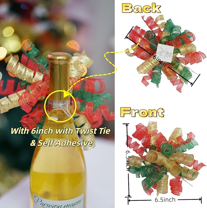 12PCS Gold Curly Ribbon Bows Gift Wrapping self-Adhesive Thanksgiving, Christmas, New Year, Birthday, Presents, Treat Bags, Crafts, Wine Bottles Baskets Shower Favors, Wedding Decor (red green silver)