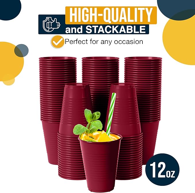 Exquisite Party Solids 12 Oz Burgundy Plastic Cups For Party Supplies 50 Pack | Burgundy Disposable Cups Plastic | Disposable Drinkware For Parties, Events & Everyday