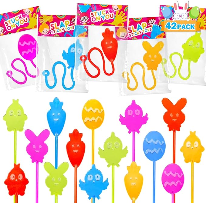 Easter Basket Stuffers for Toddlers 42 Pack, Non Candy Easter Sticky Hands Egg Hunt Fillers Supplies for Kids, Small Party Favor Fidget Toys Classroom Gifts Prize Goodie Treat Bag Stuff for Boys Girls