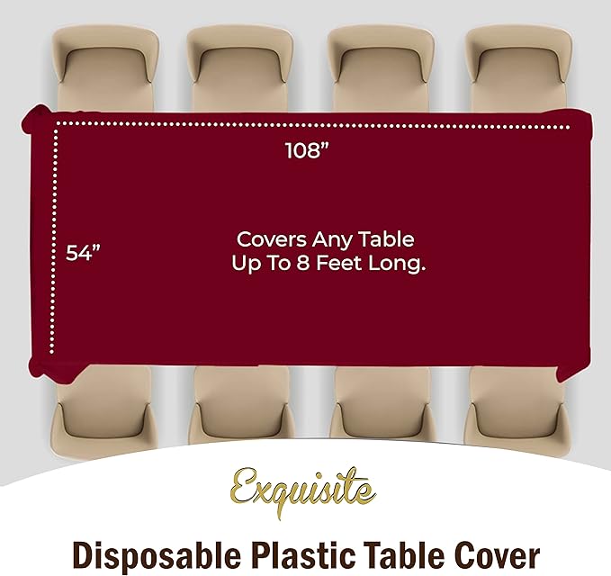 Party Solids 6-Pack Premium Plastic Tablecloth 54in. x 108in. Rectangle Plastic Table Cover - Burgundy