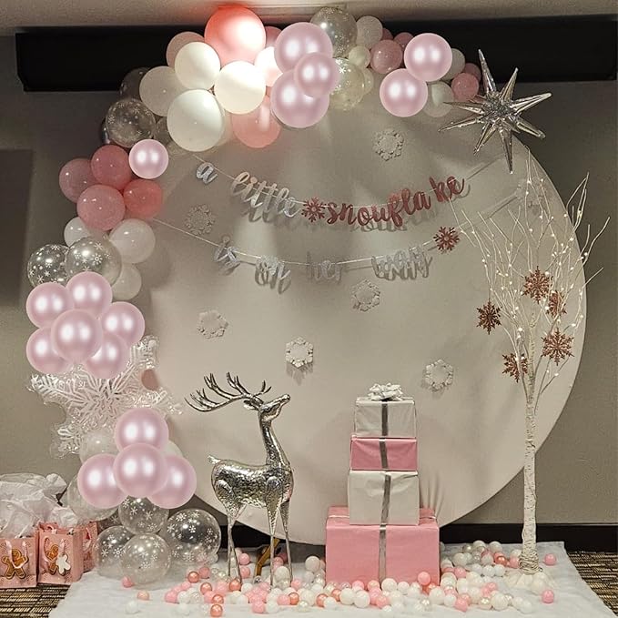 Pink Winter Wonderland Balloons, 50 Pcs 12 Inch Pearl White Balloons Pastel Metallic Pink Balloon for Girls Womem Winter Christmas Wonderland Birthday Baby Shower Ice Snow Princess Party Decorations