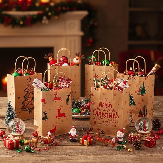 EUBUY 96 Pcs Christmas Kraft Gift Bags Bulk Xmas Holiday Paper Gift Bags, Holiday Paper Goody Treat Candy Bag for Xmas Decor Supplies Classrooms Wedding and Party Favors