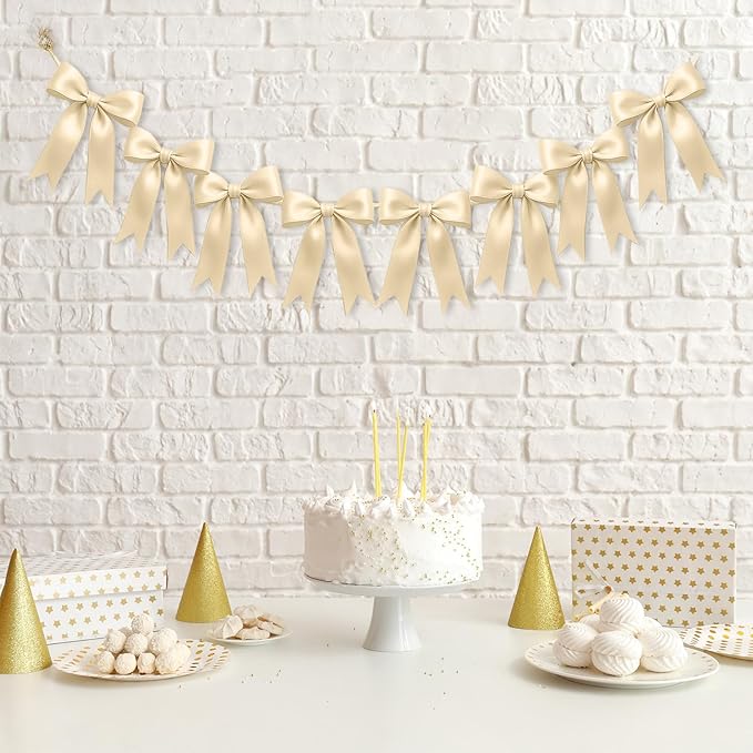 1 String of 8PCS Champange Bow Garland Banner Decoration,Pre-Strung Satin Ribbon Ornaments for Birthday,Bachelorette Party,Bridal Shower,Wedding,Engagement,Baby Shower,Graduation Decor,Anniversary