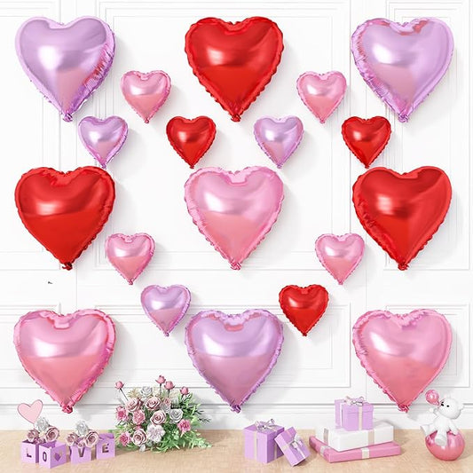 Pink Purple Heart Balloons, 19PCS Light Purple and Red Pink Heart Shape Balloon, 18Inch with 10Inch Purple Pink Helium Foil Love Balloon for Girls Birthday Marriage Wedding Mother's Day Decoration