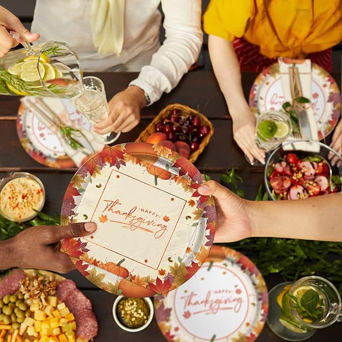 Thanksgiving Plates and Napkins Gatherfun Maple Leaves Disposable Paper Plates Napkins Cups plastic Tablecloth for Thanksgiving Dinner Party Decorations Serve 25