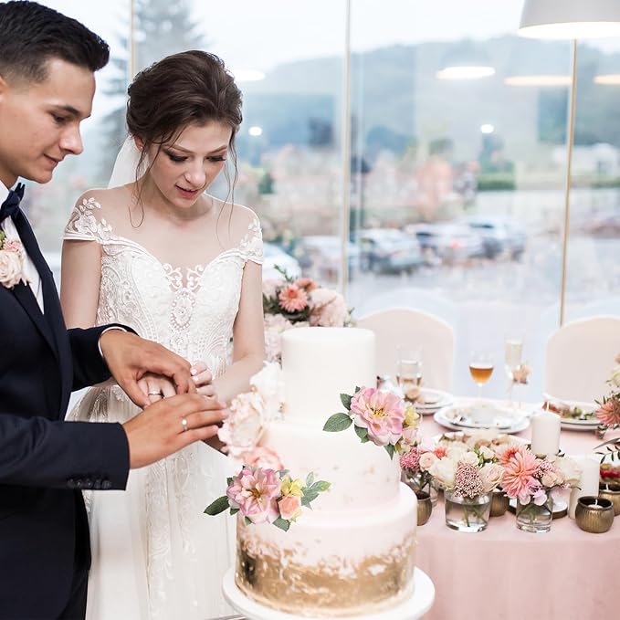 Cake Toppers Flowers,3 Pieces Hand-made Silk Flowers Cake Decorations for Birthday Baby Shower Wedding Valentine's Day Celebration Boho Party Supplies (Pink Yellow)