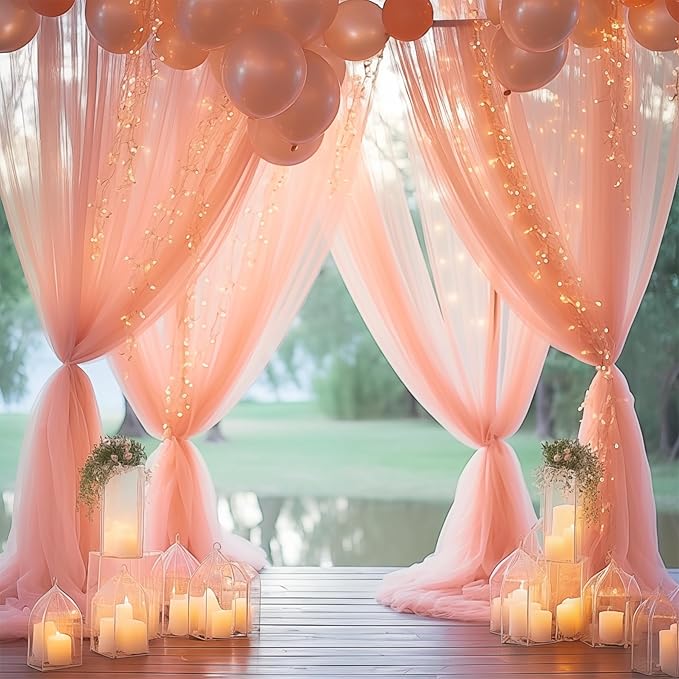 20ft x 10ft Peach Backdrop Curtain with Lights String for Parties, Sheer Tulle Wedding Photo Backdrops Drapes for Baby Shower Birthday Party Decorations Background for Photography