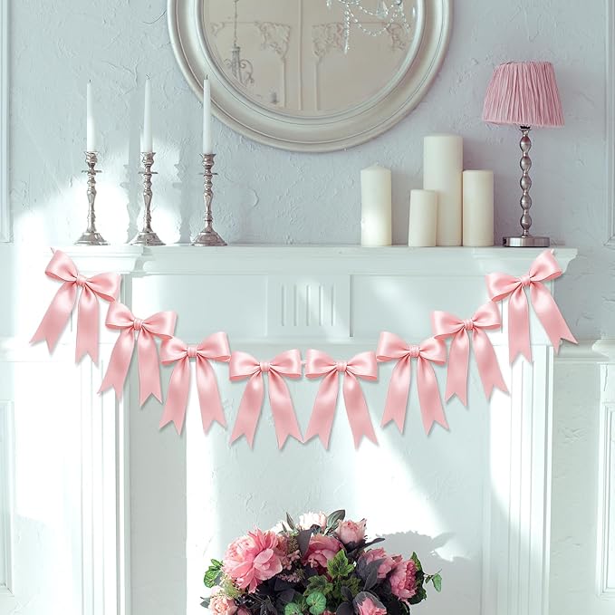 1 String of 8PCS Pink Bow Garland Banner Decoration,Pre-Strung Satin Ribbon Ornaments for Birthday,Bachelorette Party,Bridal Shower,Wedding,Engagement,Baby Shower,Graduation Decor,Anniversary