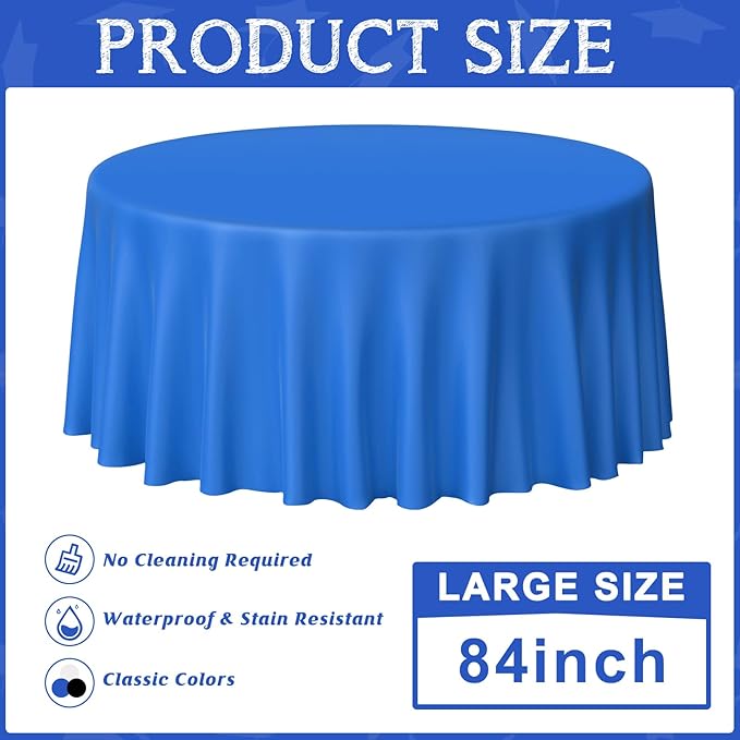 MASHAN 12 Pcs Blue Black White Plastic Tablecloths Bulk,84 Inch Disposable Round Party Table Cloth Waterproof Table Cover for Birthday Wedding Anniversary Graduation Party Decorations Supplies