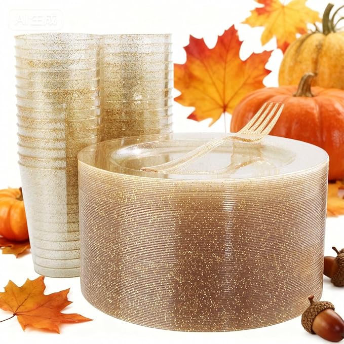 WELLIFE 150-Piece Gold Dessert Plates,Includes 50 Gold Glitter Party Plates,50 Cups & 50 Forks -Plastic Disposable Tableware Set for 50 Guests,Birthday Party,Wedding,Thanksgiving&Fall Decor