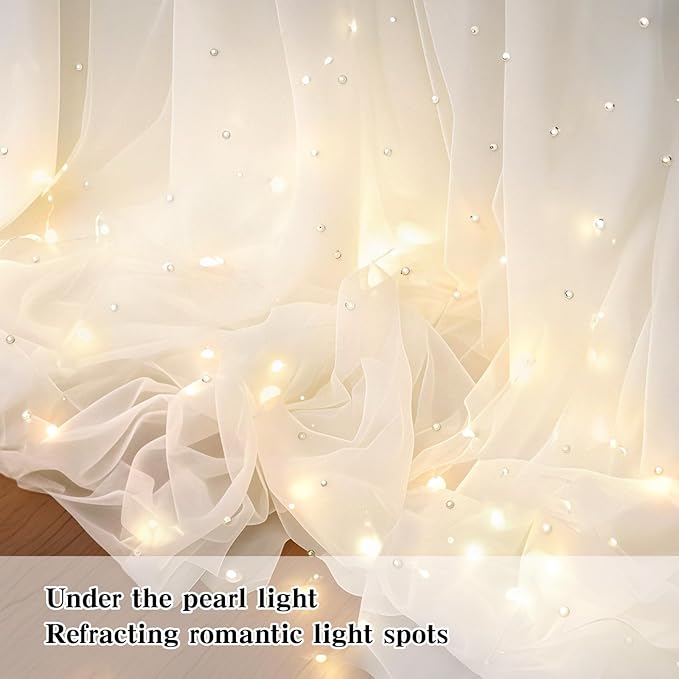 10 * 8FT White Pearl Tulle Double Layered Backdrop Curtain with Lights String and Lining Fabric for Wedding Baby Shower Birthday Parites Photo Decorations