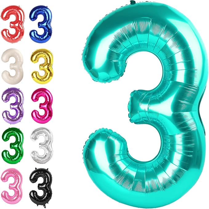 Large 40 Inch Teal Blue 3 Number Balloon, 3 13 23 30 33 36 38 Teal Blue Birthday Party Decorations, Numbers Three Foil Balloons for Anniversary Party Graduations Celebration Supplies