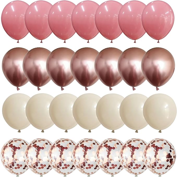 Dusty Pink and Rose Gold Balloons, 12In Retro Blush Pink Beige White Balloons with Metallic Rose Gold Confetti Latex Balloons Set for Girls Women Birthday Baby Bridal Shower Wedding Party Decorations