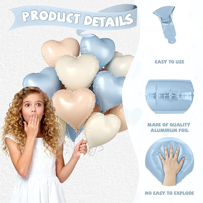 Baby Blue Heart Balloons, 10 Pcs Light Blue White Heart Shaped Balloon, 18 Inch Apricot Cream Sand White Nude Foil Balloons for Engagement Brithday Baby Shower Wedding Valentines Party Decoration