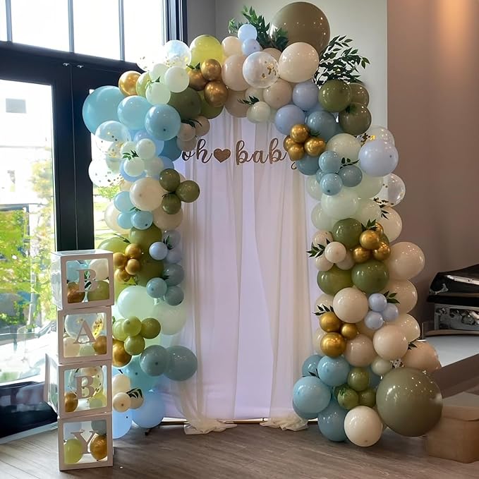Dusty Blue Green Balloons, 60 Pcs 12 Inch Haze Fog Blue Sage Green Balloons with Sand White Metallic Gold Balloon for Boho Baby Shower Wedding Birthday Engagement Bridal Shower Party Decoration