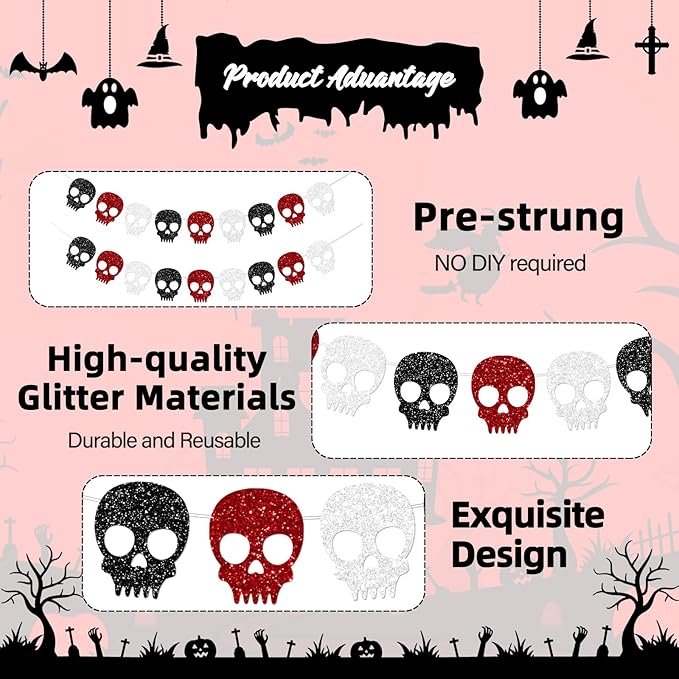 2PC Black/Silver/Red Skull Garland for Halloween Party Decorations Glitter Skull Banner for Gothic Birthday Decorations Supplies