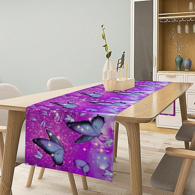 Butterfly Spring Table Runner, Pink Floral Seasonal Kitchen Dining Table Decoration for Home Party Decor 13x36 Inch